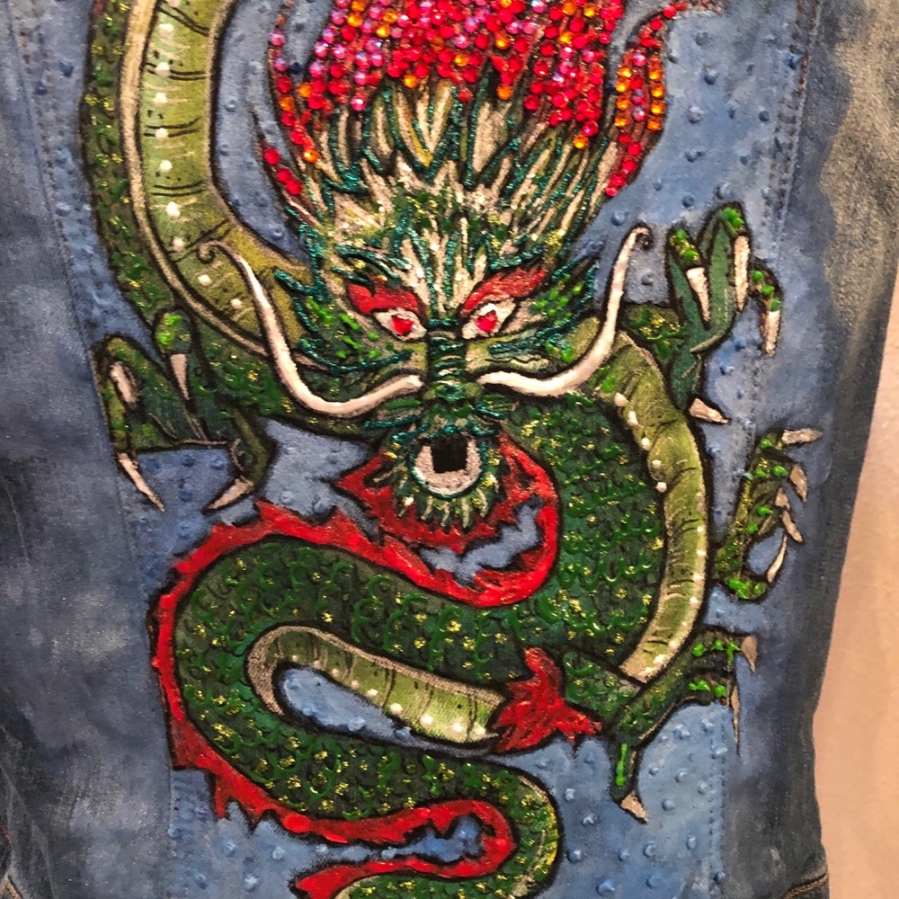 Hand painted denim jacket with Swarovski dragon